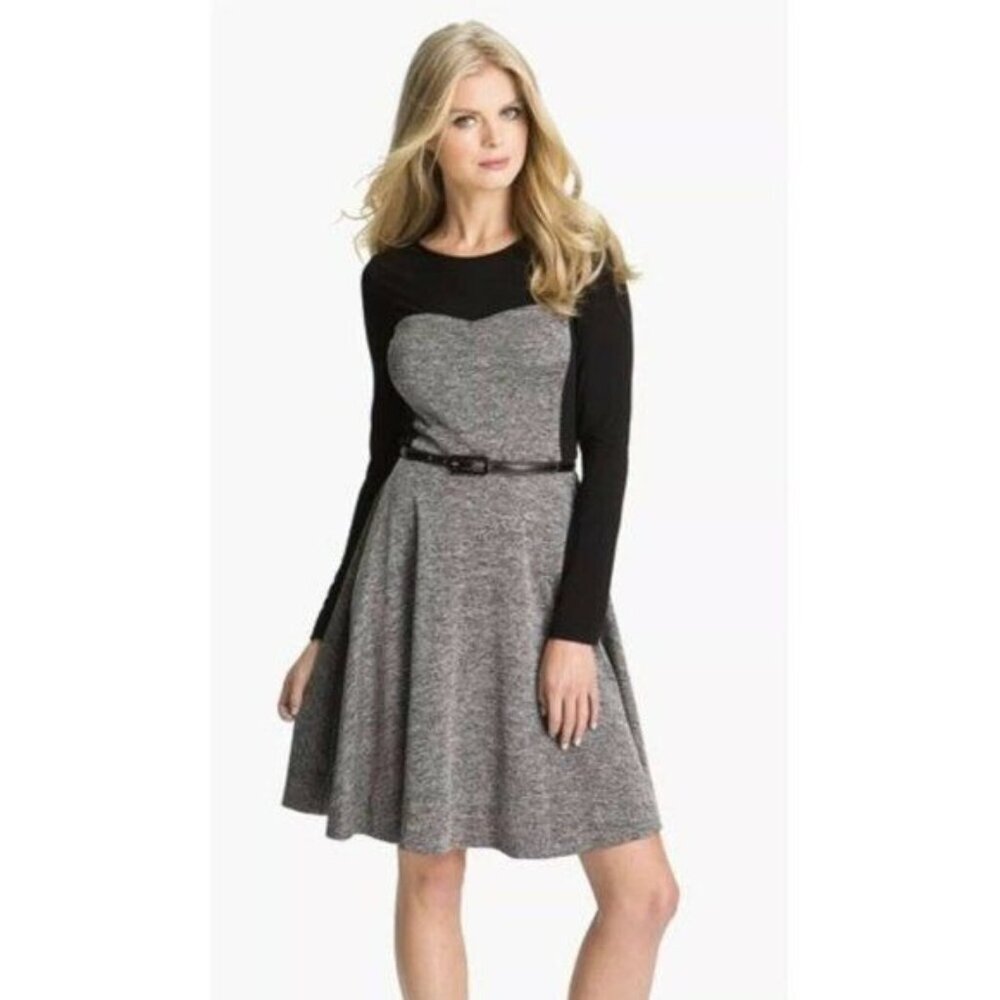 Suzi Chin For Maggy Boutique Size 6 Tweed Inset Fit & Flare Dress Long Sleeve